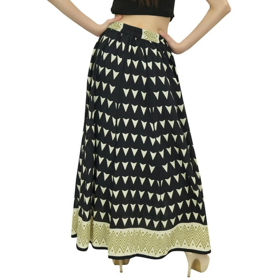 Bimba Women's Designer Skirt Black Printed Cotton Skirts Elastic Waist-S