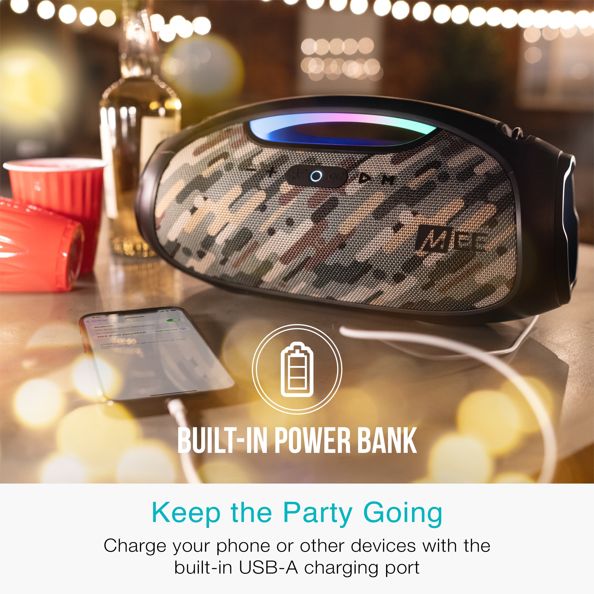 MEE audio partySPKR Bluetooth Wireless Speaker with Dynamic LED Lighting, 2 Subwoofers for Powerful Sound, Connect 100+ Together; Large Yet Portable for Indoor/Outdoor Use (Camo)