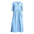 thumbnail image 4 of Ayolanni Women's Fall Dress 3/4 Sleeve Cotton V Neck A-Line Maxi Dresses Side Slit Solid Daily Flowy Long Dress with Pockets Blue M, 4 of 7