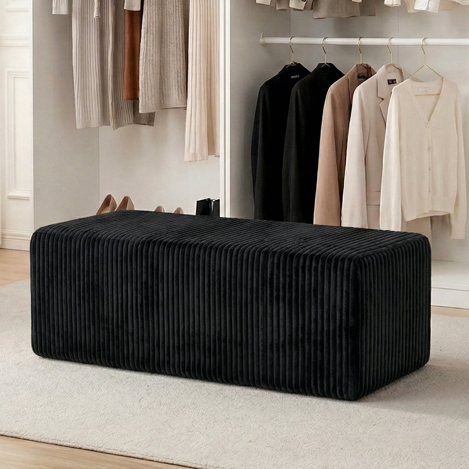 50.5" Oversized Rectangle Cloud Ottoman, Black Corduroy Upholstered Coffee Table & Extra Seating, Large Compressed Foam Floor Bench, No Assembly Required