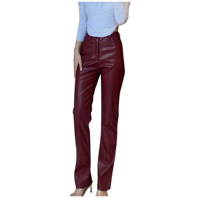 Winter Fashionable Women's Leather Wide Leg Flared Trousers with Decorative Button Pockets