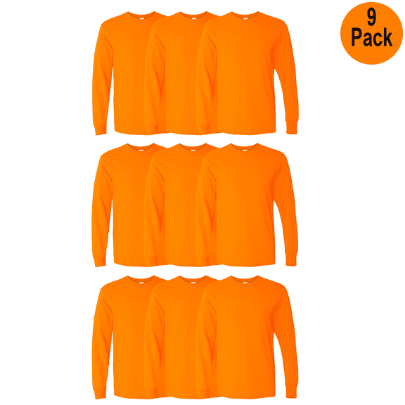 Gildan Men's Heavy Cotton High Visibility Long Sleeve T-Shirt, Crew Neck, Safety Orange, 9 Pack, S