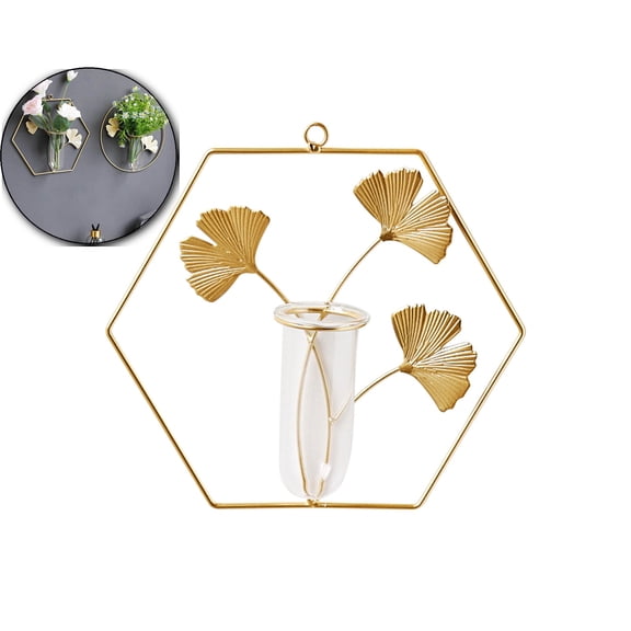 VQPeo Glass Wall Hanging Vase, Iron Art Floral Pendant, Ginkgo Hydroponic Decor for Home Living Room and Restaurant Wall