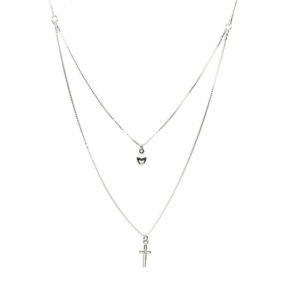 Sterling Silver One-to-two Strand Tiny Cross Heart Charm Box Chain Necklace Italy 16" 2" Extender