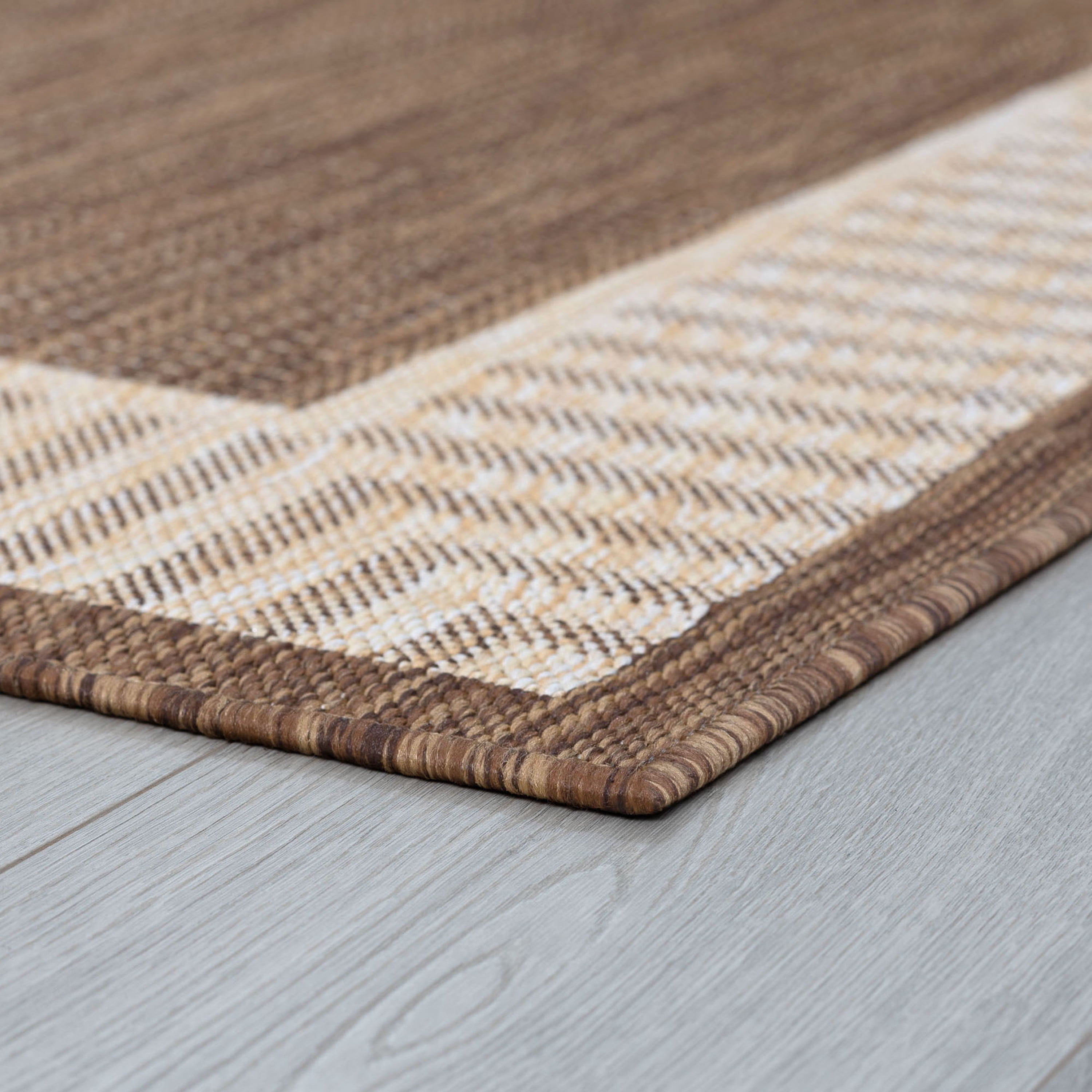 8x10 Water Resistant, Large Indoor Outdoor Rugs for Patios, Front Door Entry, Entryway, Deck, Porch, Balcony | Outside Area Rug for Patio | Brown, Striped Border | Size: 7'10'' x 10'2''