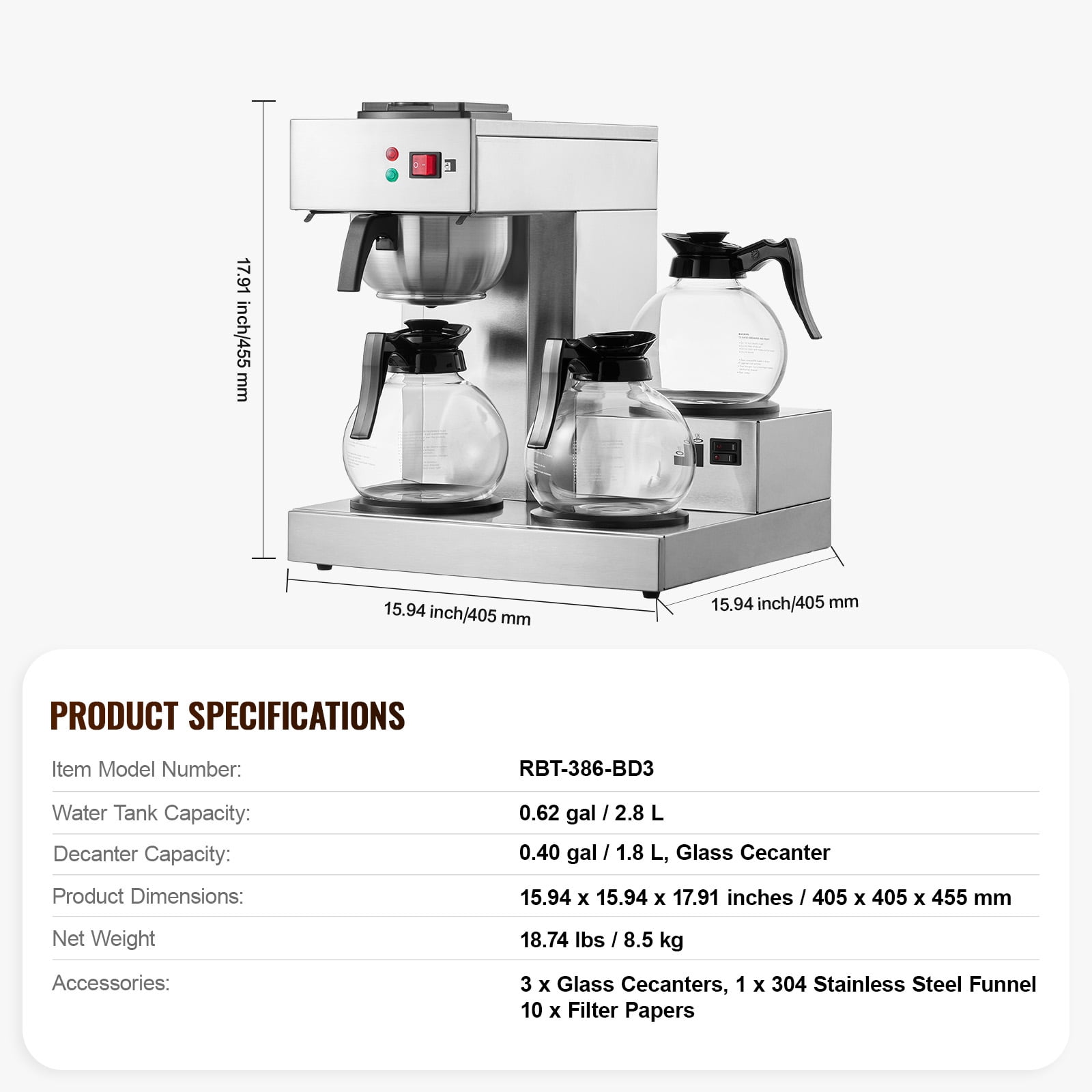KFFKFF 12-Cup Industrial Coffee Brewer, Coffee Brewing Device with Trio of Glass Jugs and Warming Trays, Stainless Steel Manual Water Input Coffee Maker, Ideal for Cafes, Offices, and Eateries