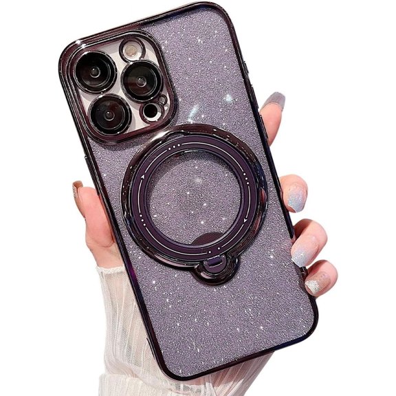 Magnetic Glitter Case for iPhone 15 Pro Max Compatible with Magsafe,360 Rotating Ring Magnetic Hidden Stand Case,Luxury Bling Full Camera Protector Shockproof Cover for Women Girls-Purple