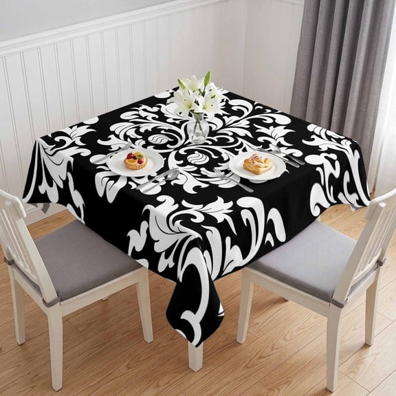 Baroque Black Table Cloth Waterproof Tablecloths, Vintage Damask Classic Floral Tablecloth Dining Table Cover for Kitchen Party Tabletop Outdoor, Square Tablecloth 60x60 Inch