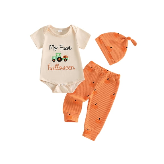 RUINIXCW Newborn Baby Boy Girl My First Halloween Outfit Infant Fall Clothes Letters in Tractor Print Short Sleeve Romper with Pumpkin Pants Hat Set