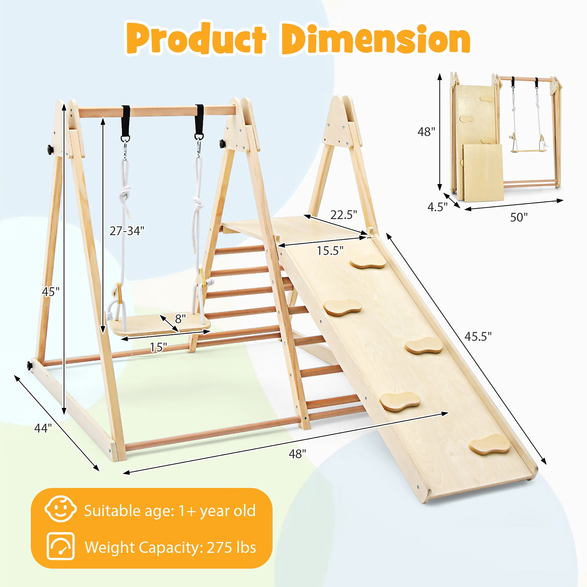 Gymax 5-in-1 Kids Indoor Playground w/ Slide Climbing Rock Adjustable Swing Wooden