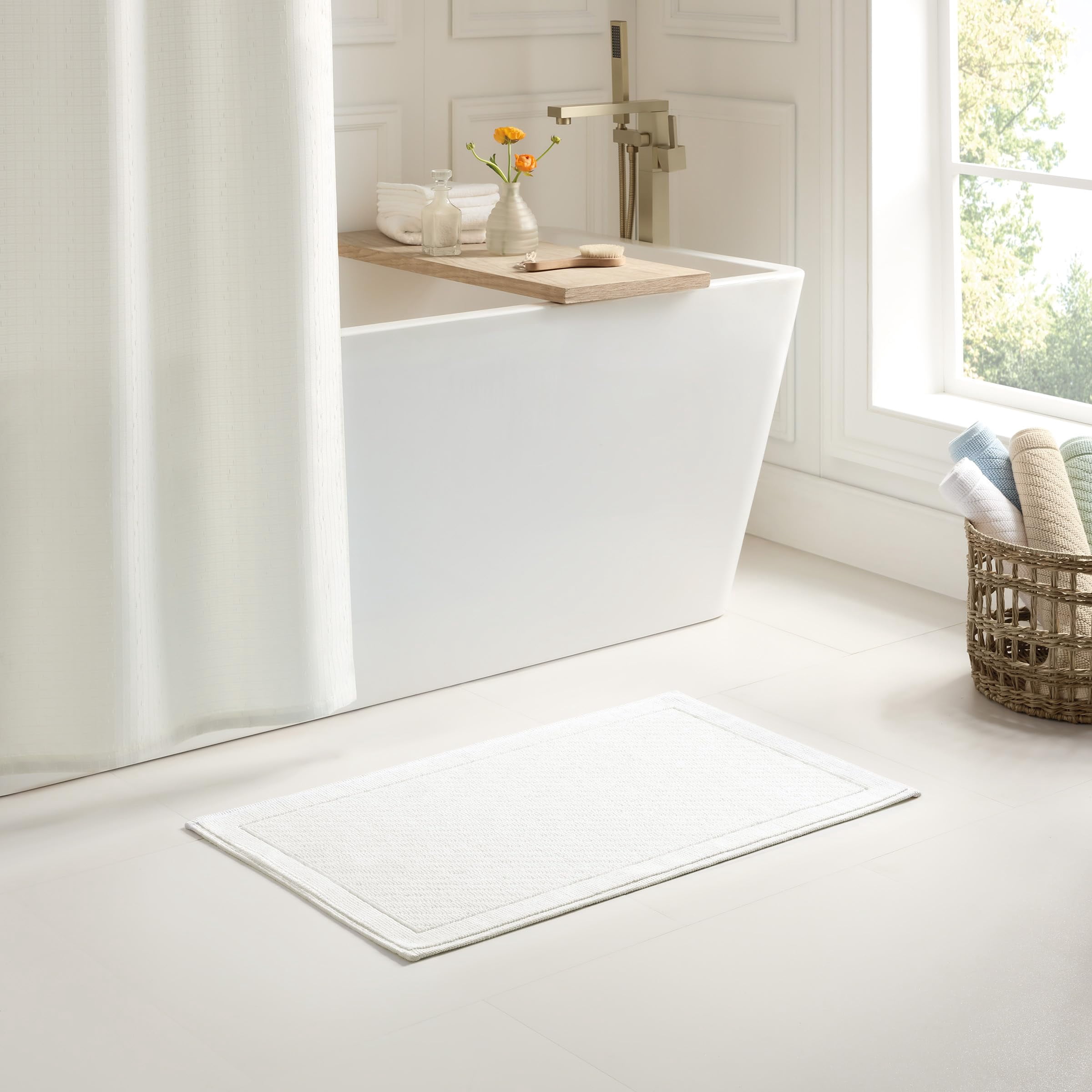 Cotton Bathroom Rug - High Absorbent Stylish Textured Woven Design Bath Mat  Slip Resistant Backing For Shower And Bathtub Floor 24x36 In White