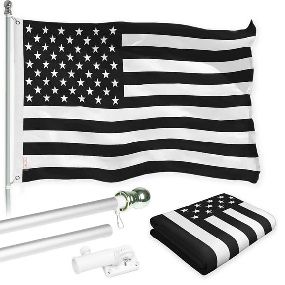 G128 Combo Pack: Flag Pole 6 FT Silver Tangle Free & USA America Black and White Flag 3x5 FT Brass Grommets Printed Polyester (Flag Included) Aluminum Flag Pole