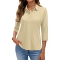 thumbnail image 3 of Women's Solid Color Polo Shirts 3/4 Sleeve Button Down Collared Shirts Business Casual Work Tops Athletic Tennis Golf Shirt 3 Buttons Spring & Autumn Work Basic Blouse Khaki S, 3 of 6