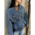 thumbnail image 4 of Chaqueta Vaquera de Motociclista con Cuello en V y Botones para Mujer, con Cuentas y Cintura Ceñida, Ropa de Calle de Otoño A . Azul XXL, 4 of 10