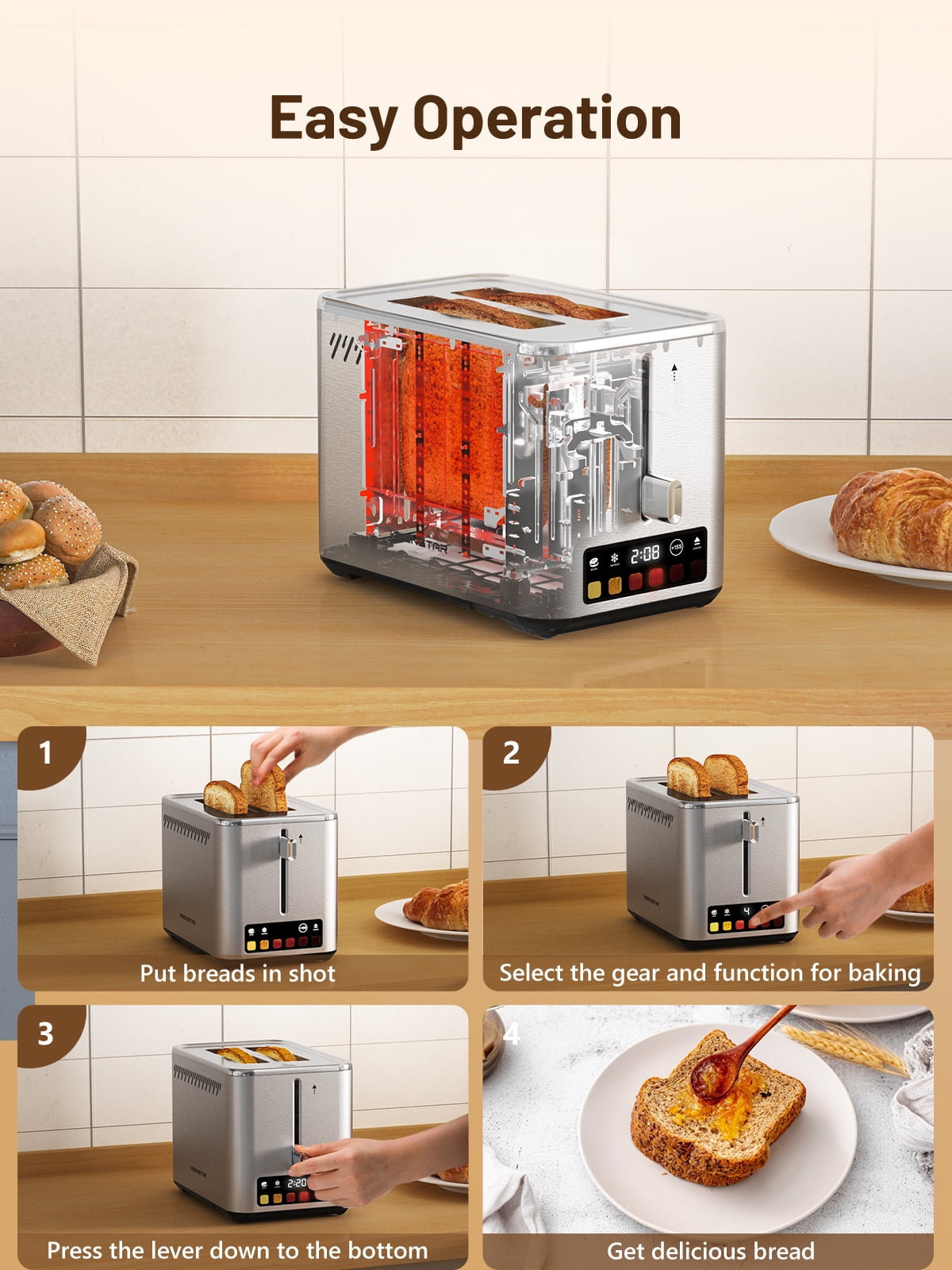 Smart 2 Slice Toaster with Touch Screen, Defrost Function, Wide 1.5" Slots for Bagels, Waffles, Muffins, and Gluten-Free Bread, Stainless Steel Toaster with Warming Rack, 850W