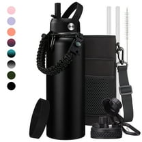40oz Insulated Water Bottle Flask - with Straw & Auto Spout Lid, Strap Sleeve, Paracord Handle, Black Metal Thermal Jug for Fitness Sports Hiking