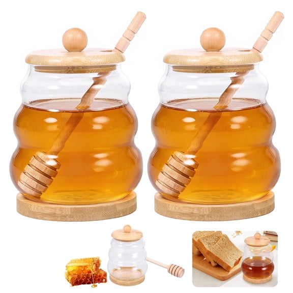 Fkszll Glass Honey Pot, 2 Pcs Honey Jar with Glass Lid and Wooden Honey Dippers Stick,Clear Glass Honey Container for Home Kitchen,Store Honey and Syrup