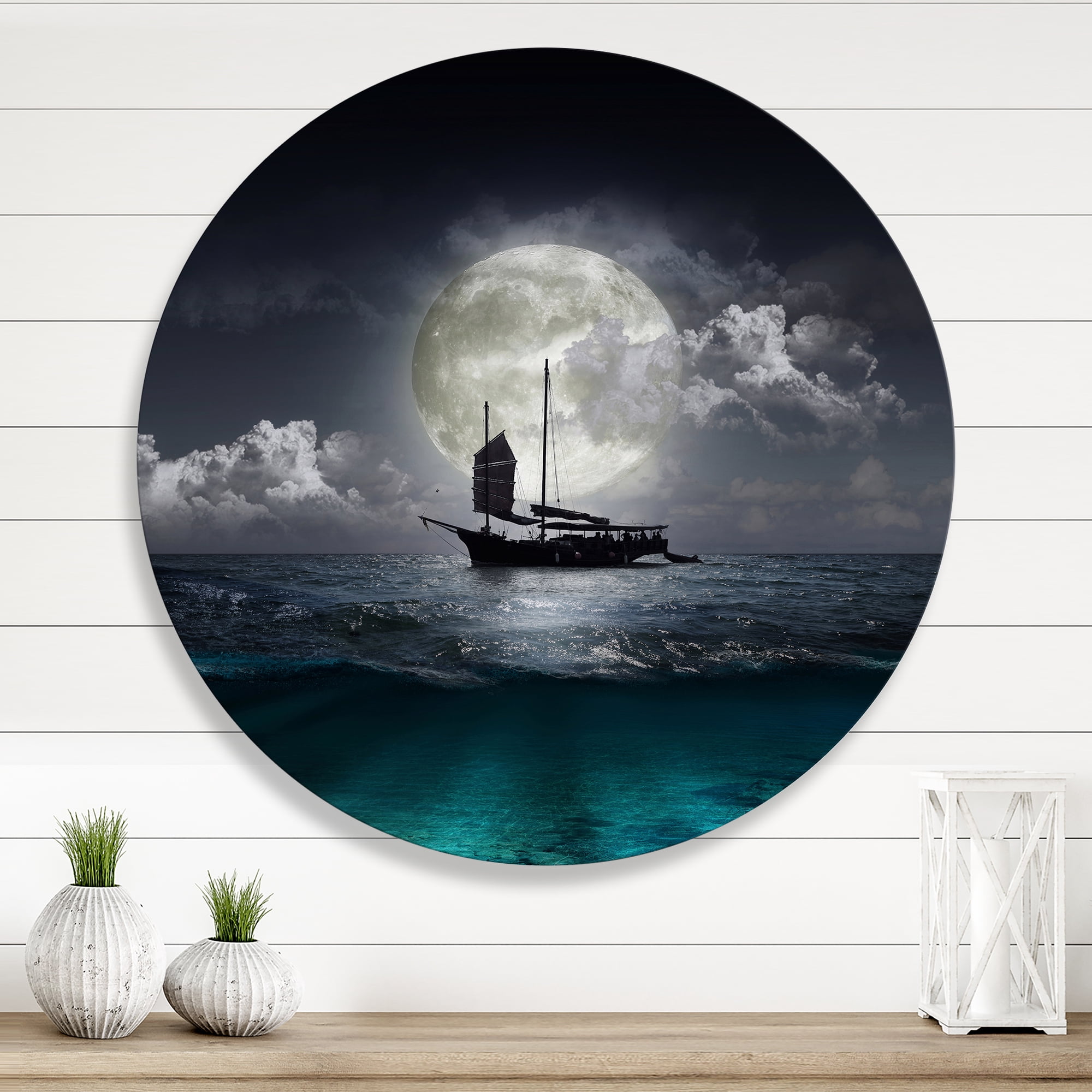 Designart 'The Lake During Full Moon With Fisher Boat' Nautical & Coastal Circle Metal Wall Art 23x23 - Disc of 23