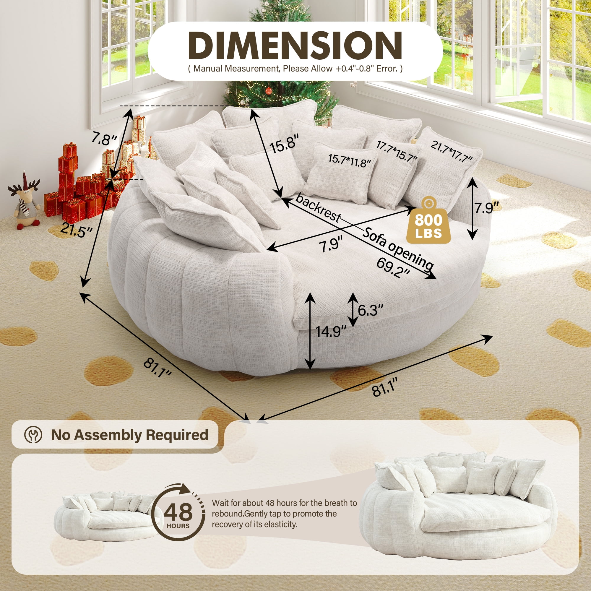 Aukfa 81" Oversized Round Chaise Lounge Sofa Bed, Modern Chenille Cloud Couch with Deep Seat, 14 Pillows, Assemble-Free, Beige