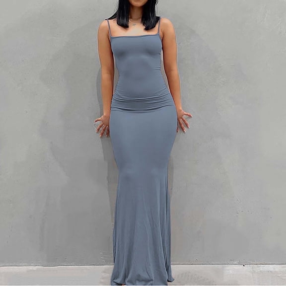 Summer Dresses For Women Plus Size Sleeveless Solid Round Neck Camies Long Blue Women's Summer Flowy Maxi Dress S-2XL