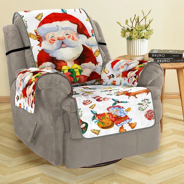 Funda de sofá de Papá Noel con alce de dibujos animados, protector de sofá de estilo navideño, funda antideslizante para silla, funda para muebles, funda elástica para sofá de salón, color blanco (individual) oso de fresa Electrónica