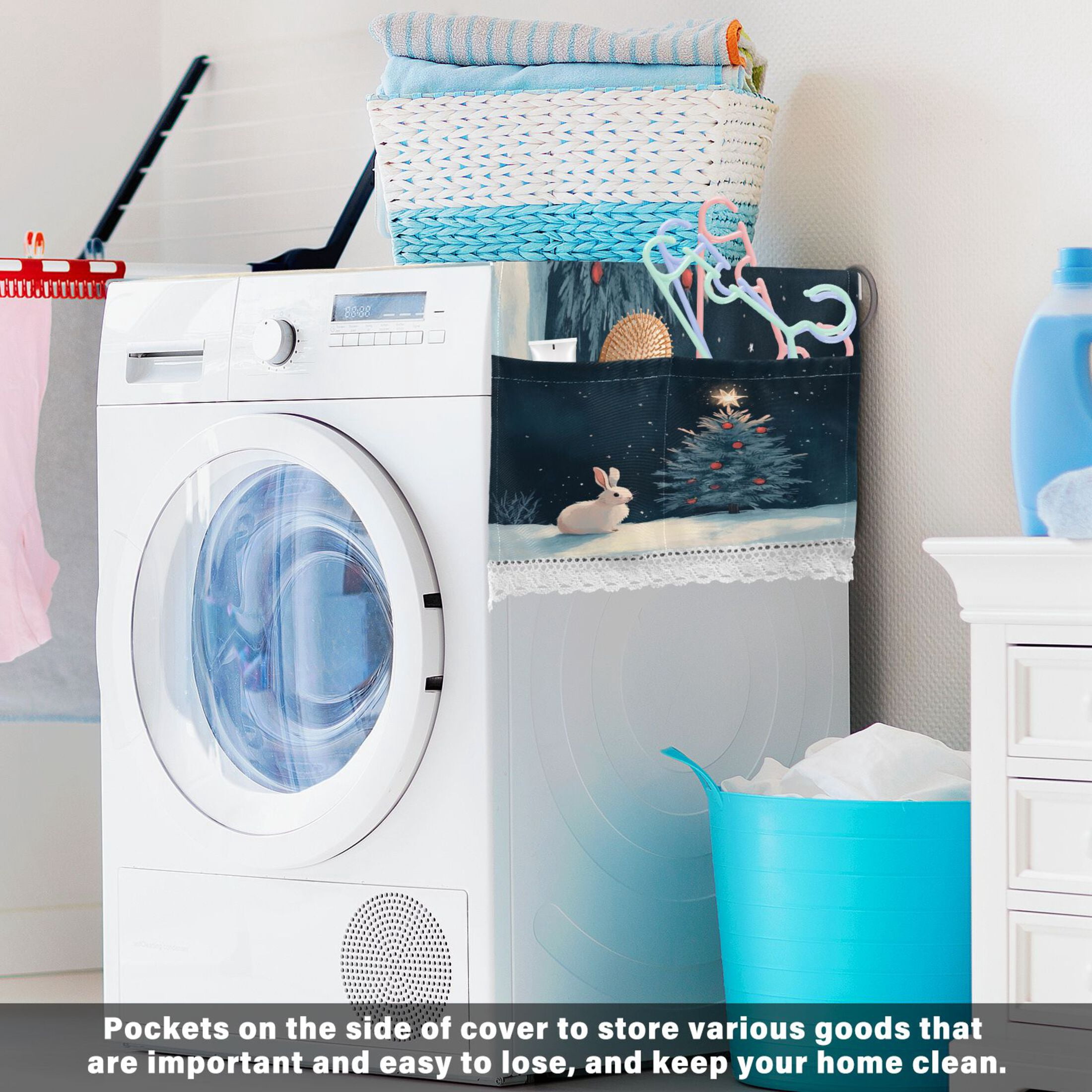 Christmas Tree and A RabbitWasher and Dryer Covers Dust-Proof and Oil Resistant Fridge Cover with 4 Storage Pockets Washing Machine Top Cover for Laundry Kitchen Home 51.2 x 22 In
