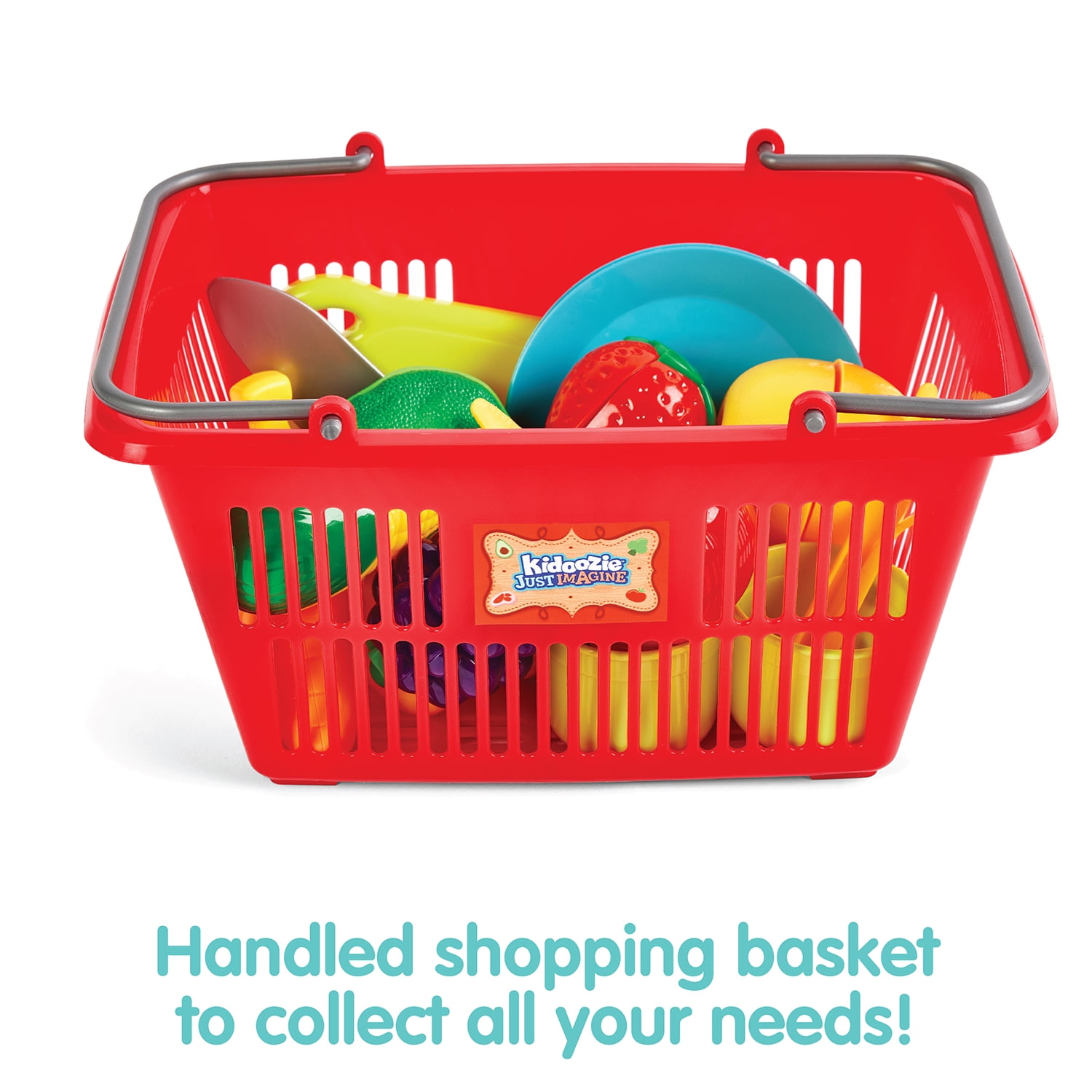 Kidoozie Just Imagine Slice 'N Play Shopping Set, 31 Piece Shopping Basket Set Including Fruits & Vegetable for Pretend Plays.  For Children Ages 2+