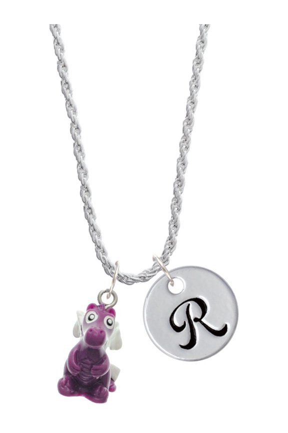 Resin Purple Dragon Darling Silvertone Script Initial Disc - R - Charm Necklace, 20"+3"