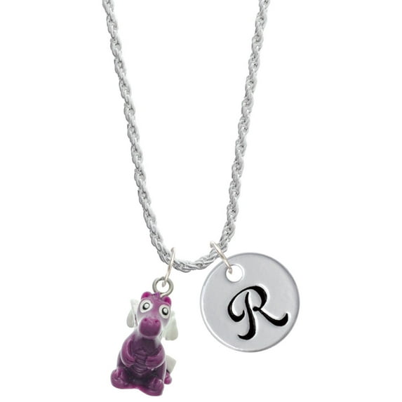 Delight Jewelry Resin Purple Dragon Darling Silvertone Script Initial Disc - R - Charm Necklace, 20"+3"