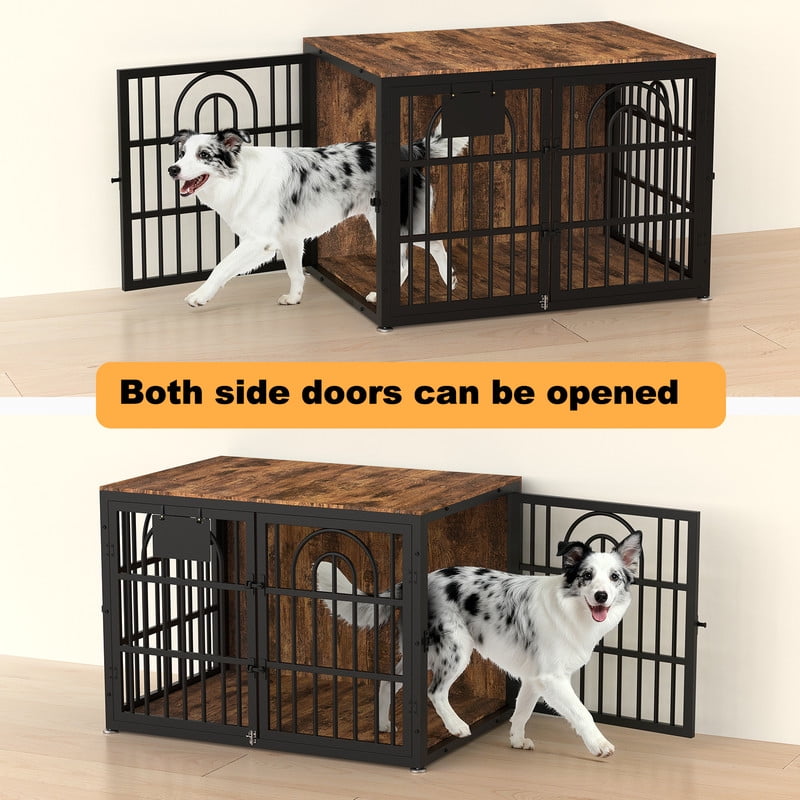 Dog Crate Furniture with Cushion, Wooden Dog Kennel End Table with Double Doors, Heavy Duty Indoor Dog House for Small Medium Large Dogs, Rustic Brown, 32in