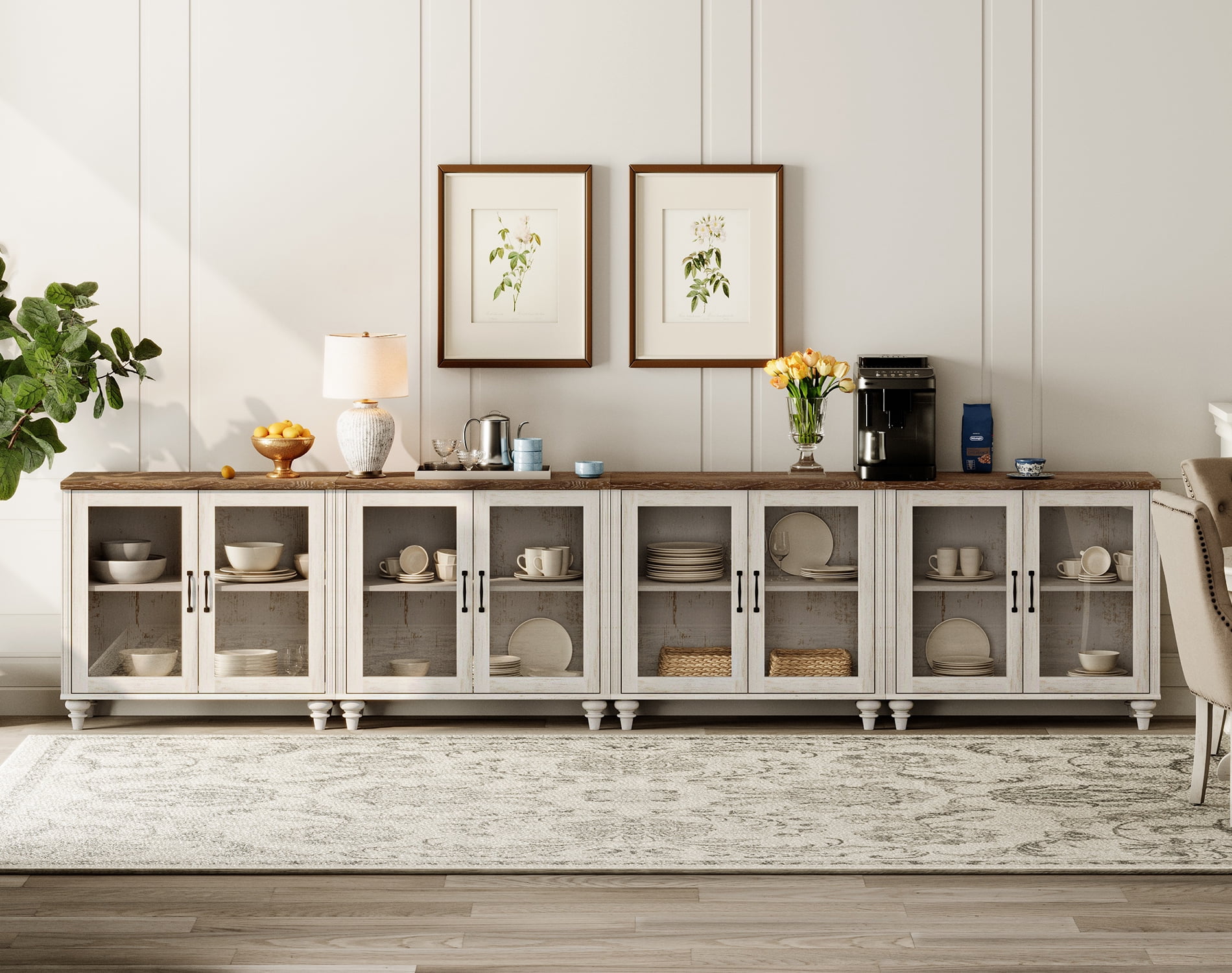 4-in-1 TV Stand, Wood Console Table Storage Cabinet for Living Room, Kitchen Sideboard Buffet Cabinet With Glass Door for Dining Room, Rustic White