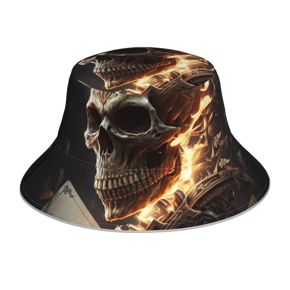Reflective Bucket Hat Packable Sun Hats Outdoor Summer Cap , Fire Skull Playing Flaming Cards