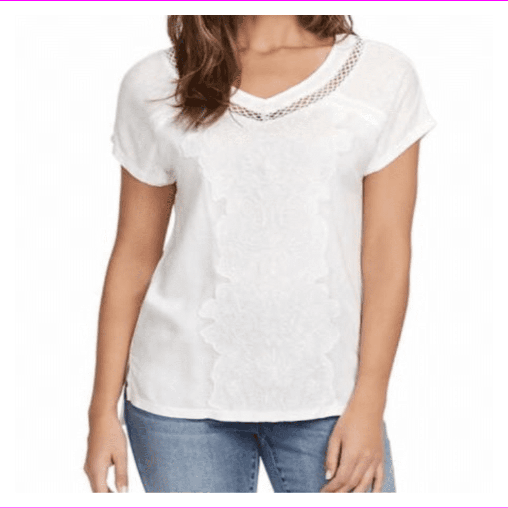 Gloria Vanderbilt Ladies Embroidered V Neck Shirt Top S/Crystal White ...
