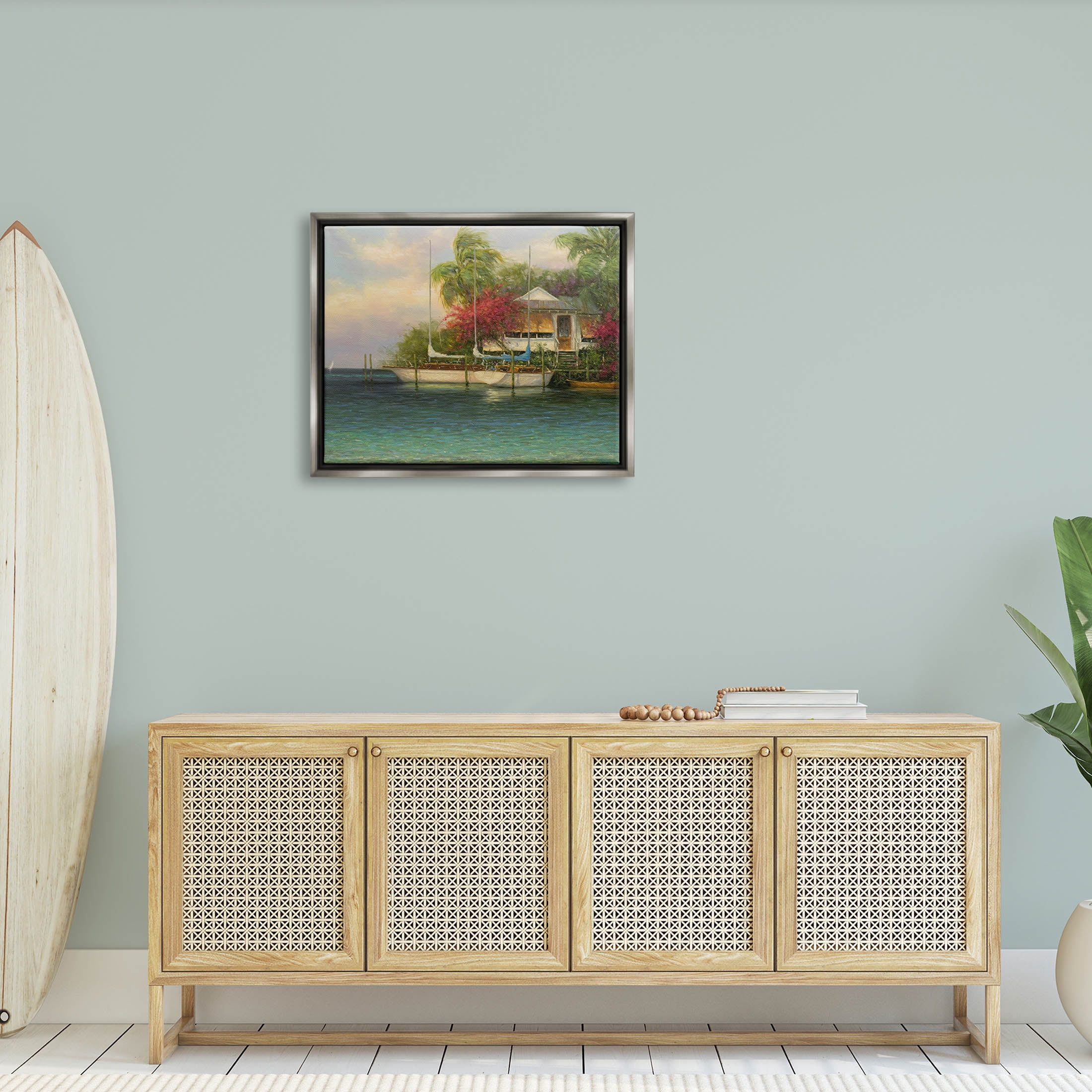 Tropical Boats Waterfront Scenery Landscape Painting Luster Gray Framed Art Print Wall Art