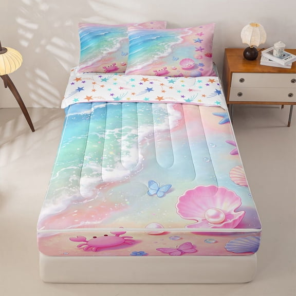 Manfei Blue Ocean Waves Zipper Twin Comforter Sets with Fitted Sheet and 2 Pillowcases,Pink Sand Zipper Bedding Set,Colorful Stars Reversible,4pcs