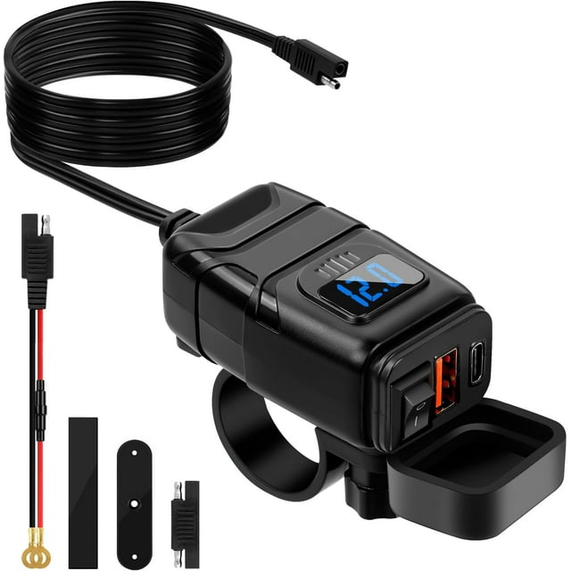 Motorcycle USB Socket, QC3.0 USB & PD Type C Car Charger Socket, Waterproof Motorcycle USB Charger Fast Charging with Switch and LED Voltmeter, 12V USB Socket for Marine Boat Caravan