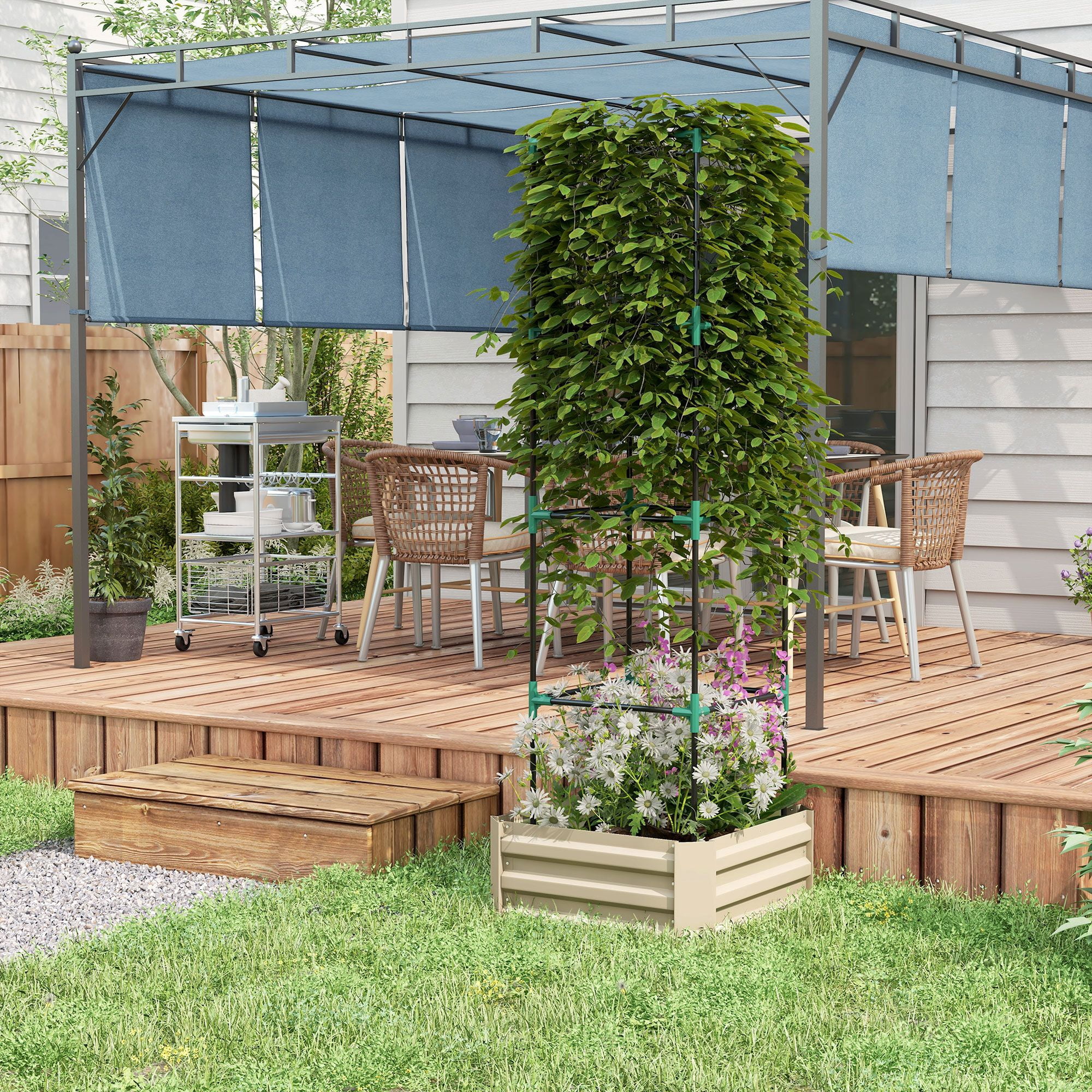 Outsunny Galvanized Steel Raised Garden Bed with Adjustable Tomato Trellis Cage, 24" x 24" x 73.5" Cream White Planter for Vegetables and Climbing Vines in Backyard or Patio