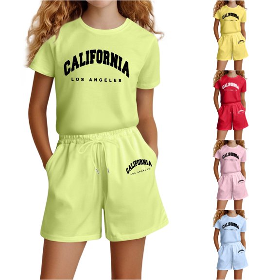 WERYOUNG Girls Summer Outfits Fashion Short Sleeve Letter Print T Shirts And Shorts Casual Loose Fit Two Piece Sets Outdoor Play Stylish Clothing Sets 4 Years
