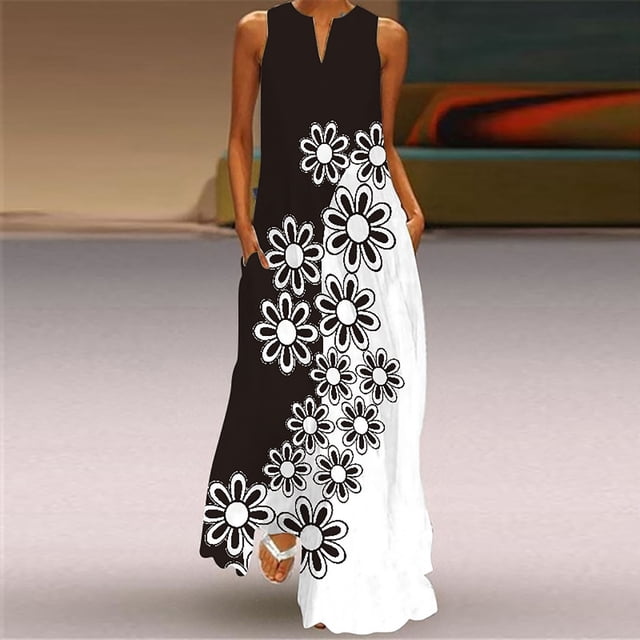 SMihono Robe Maxi Bohème d'Été pour Femmes Grande Taille Robe Longue Décontractée avec Poche Imprimé Floral Sans Manches Robe Maxi de Plage