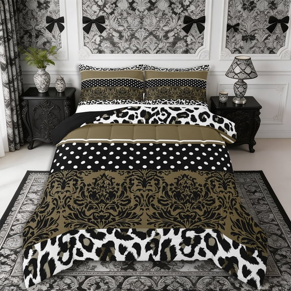 Manfei Bohemian Damask Full Size Comforter Sets 3-Piece,Vintage Leopard Print Bedding Comforter Set,1 Comforter and 2 Pillowcases,Reversible