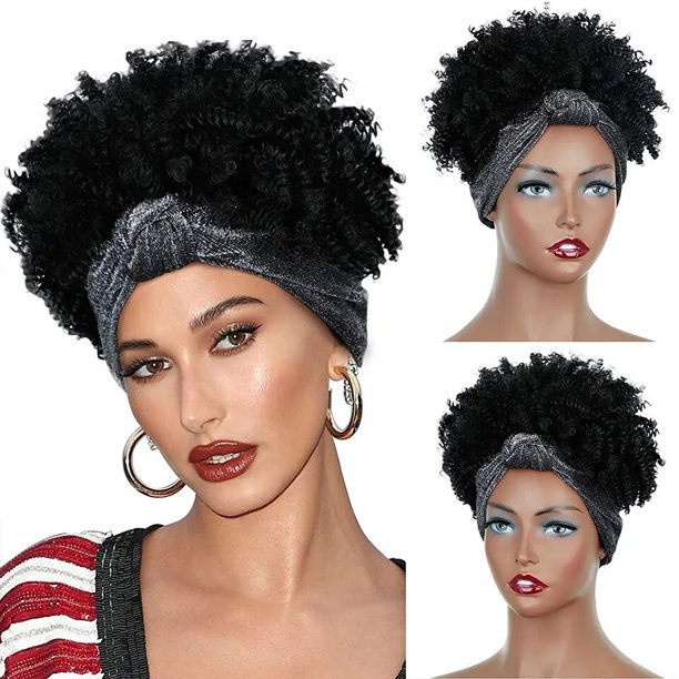 Peluca de cabello sintético para mujer, pelo corto negro Afro rizado con flequillo, turbante azul, envoltura de cabeza