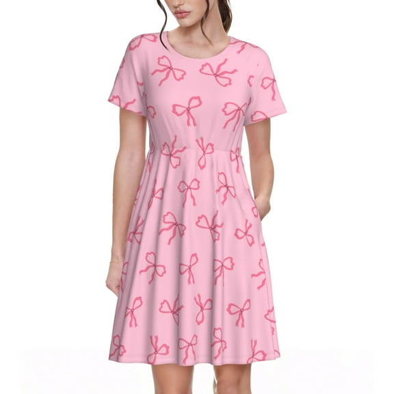 Vsdgher Pink Bows for Womens Summer 2025 Casual Midi Maxi Dresses Lightweight Short Sleeve Round Neck Beach Dress -3X-Large