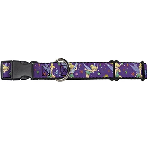 buckle-down martingale dog collar - tinker bell poses/flowers/stars/skull purple - 1.5" wide - fits 16-23" neck size - medium