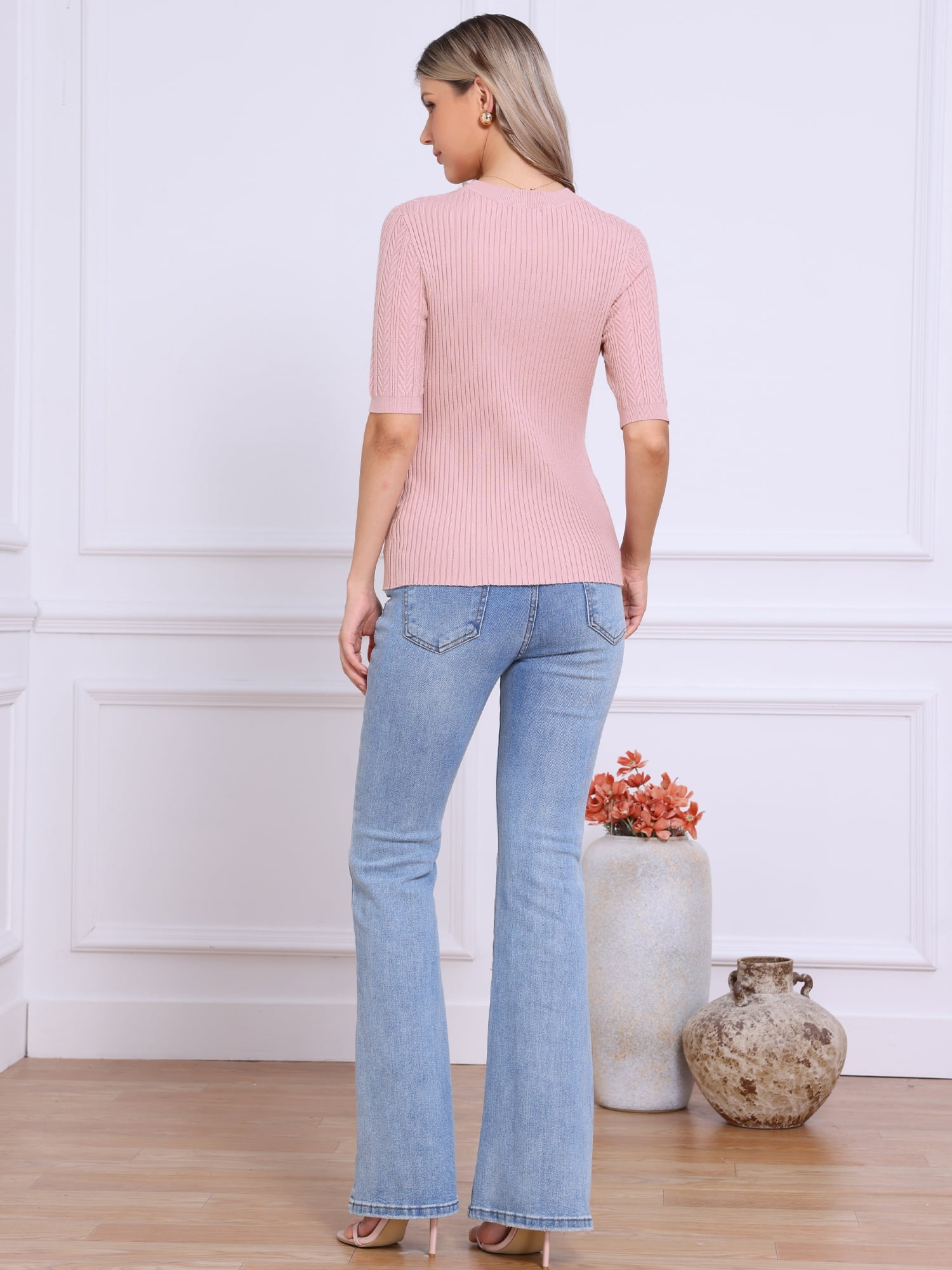 DARING DIVA Short Sleeve Sweater Cable Knit Crewneck Pullover Tops XS Pink