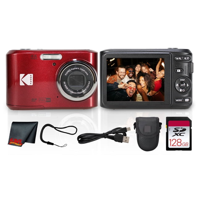 Kodak PIXPRO FZ45 Digital Camera (Red) (FZ45RD) + 128GB Card + Camera Case + Cleaning Cloth