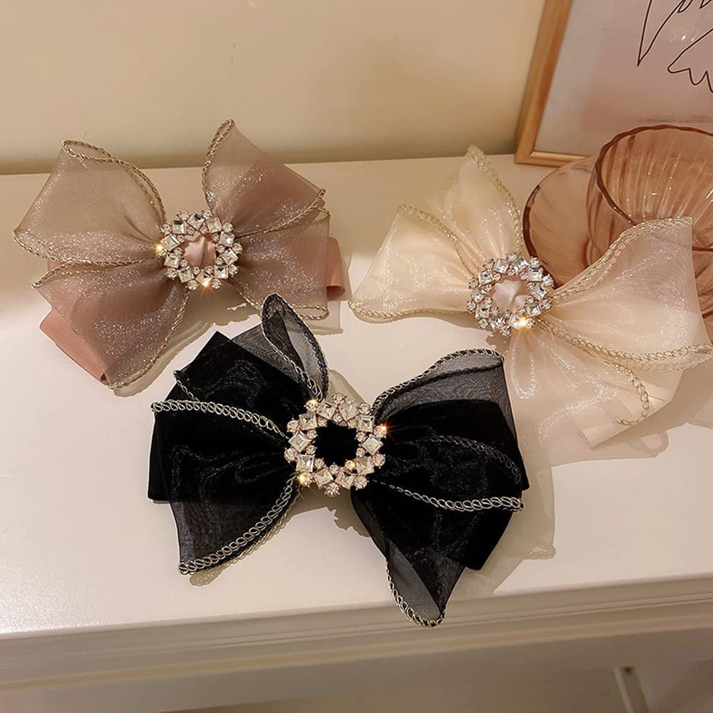 1pc Women's Black Mesh Bow Ostrich Feather Hair Clip With Rhinestone Decor  Bowknot Ribbon Headwear, Suitable For Daily Use