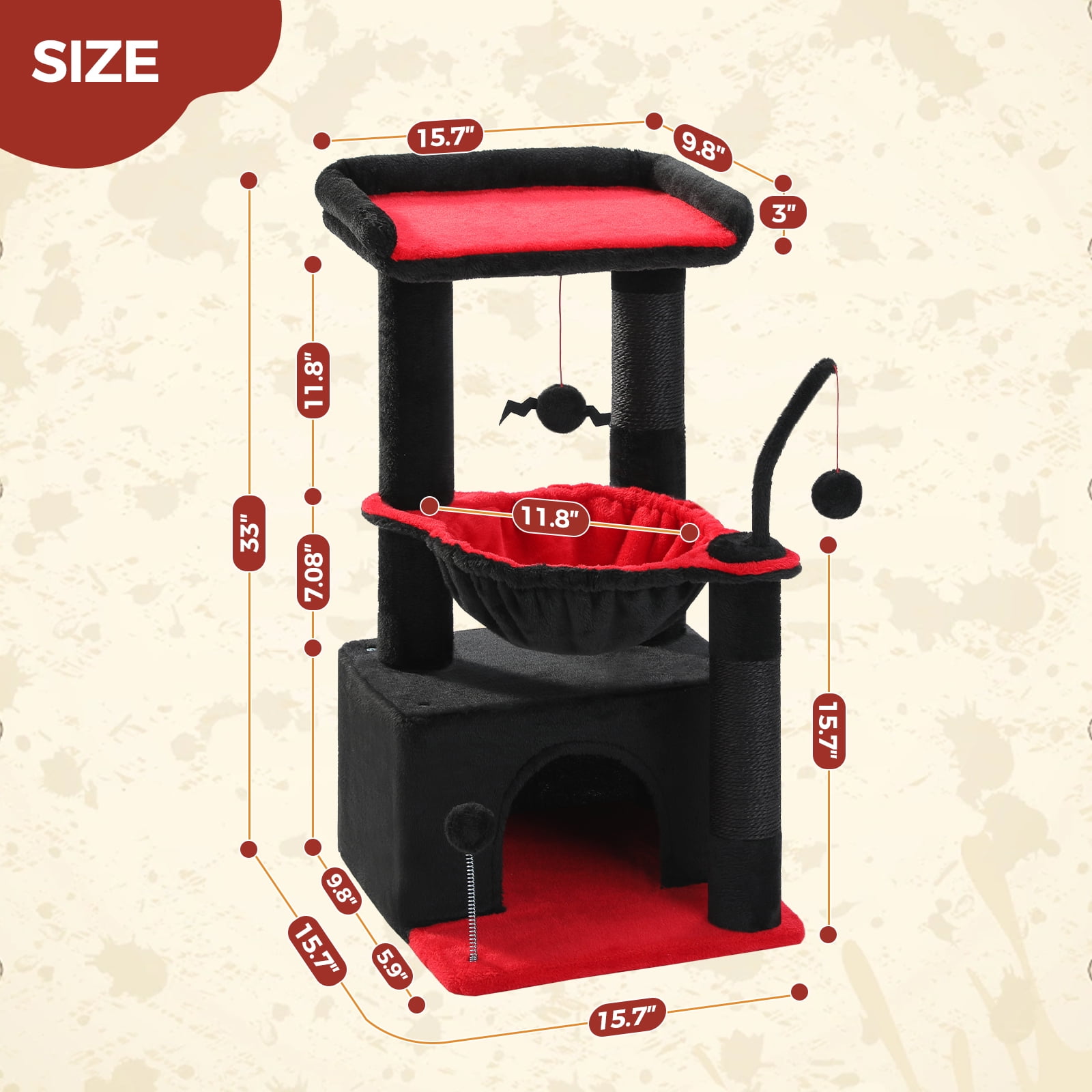 PAWZ Road Cat Tree 33" Gothic Cat Scratching Posts Tower with Large Top Perch and Hammock for Medium Indoor Cats, Black