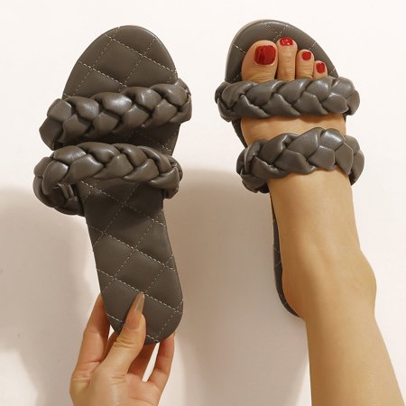 

Fjofpr Slippers for Women Women s Shoes Summer Flat Heels Casual Solid Color Slip-on Sandals Peep Toe Plaid Slippers Hot