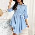 thumbnail image 4 of Long Sleeve Dress for Women Lapel Solid Color Button Down Casual Dress Irregular Hem Loose Flowy Work Dress with Belt, 4 of 10