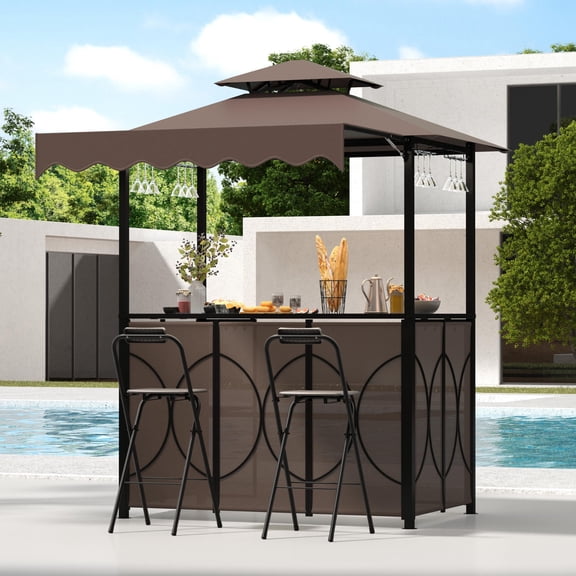 Magic Union 6.5'x6.9' Double Tiered Grill Gazebo with Side Awning, 3 Piece Patio Bar Set with 2 Foldable Stools, 3-Sided Surround Shelving, Mesh Tabletop, Glass Holders & Hooks for Backyard, Brown
